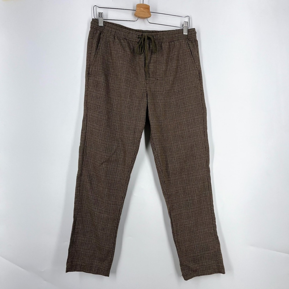 Rhythm Mens Brown Micro Check Drawstring Elastic Waist Straight Leg Pants